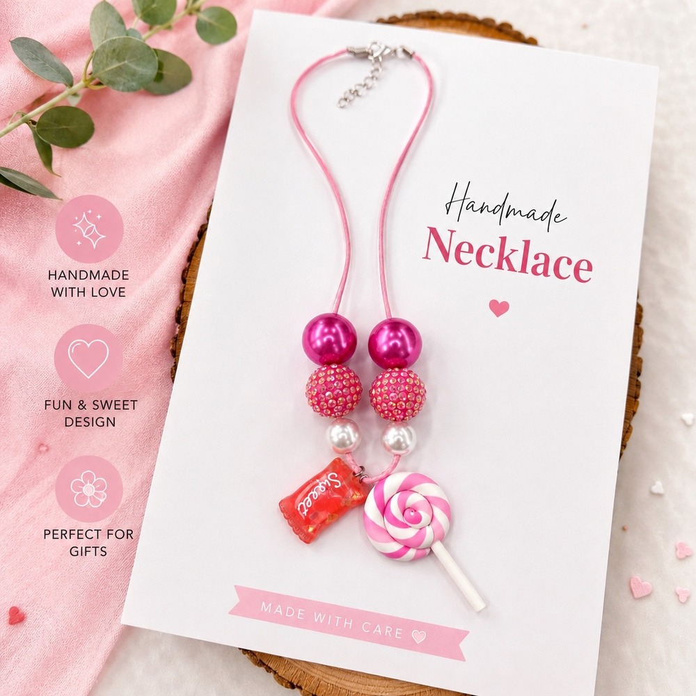 Handmade Pink Candy Charm Necklace Cute Beaded Lollipop Necklace Sweet Kawaii